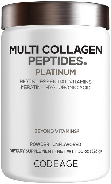Codeage Multi Collagen for Women & Men Biotin 10000mcg Keratin, Protein Powder Vitamin C B6 D3, Hyaluronic Acid, Niacin - Hydrolyzed Collagen Coffee Creamer 5 Types - Unflavored - Non-GMO - 11.5oz Codeage uk supplements