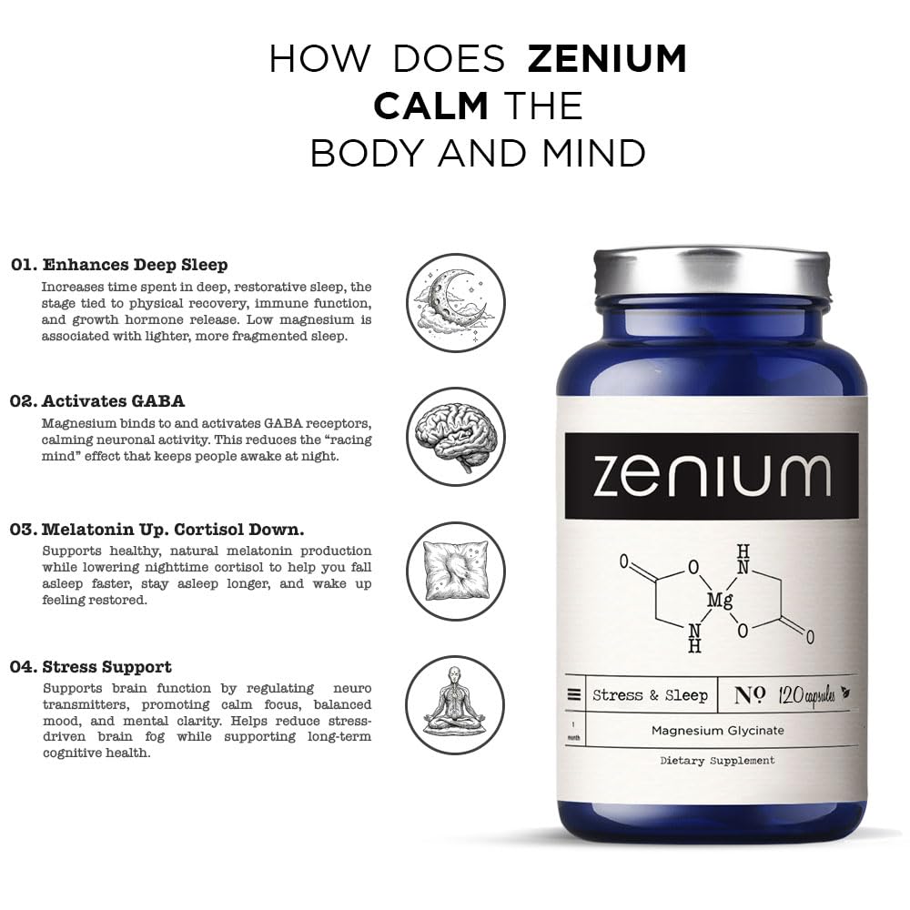 Zenium - Magnesium Glycinate for Sleep, Chelated, 600mg per Serving, 120 Capsules | High Absorption | Relieve Tension, Worry, Nervousness | Calm The Mind & Body | Ayurvedic | Natural Relief Supplement Zenium uk supplements
