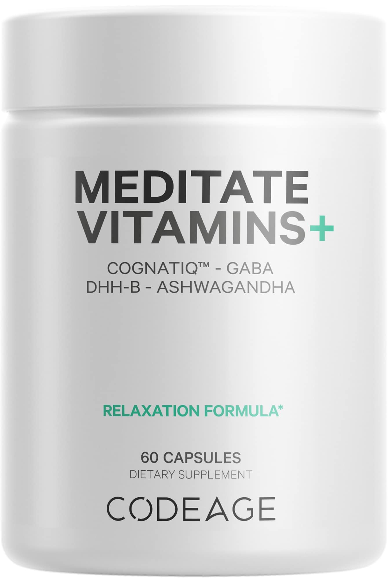 Codeage Meditate Vitamins+ Supplement - CognatiQ, DHH-B, GABA, Ashwagandha, Organic Mushrooms, Blueberries - BDNF Brain Pills and Neuroprotein - Vegan, Non-GMO, Gluten-Free - 60 Capsules Codeage uk supplements