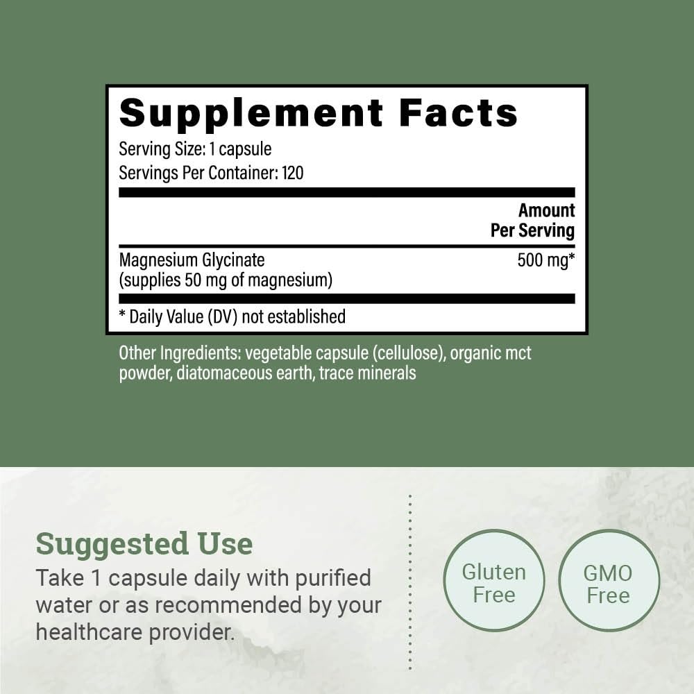 Pure Magnesium Glycinate 500mg - Chelated Magnesium Supplement, High Absorption Capsules for Sleep, Glicinato De Magnesio with Organic MCT Powder (120 Capsules) Earth Harmony Naturals uk supplements