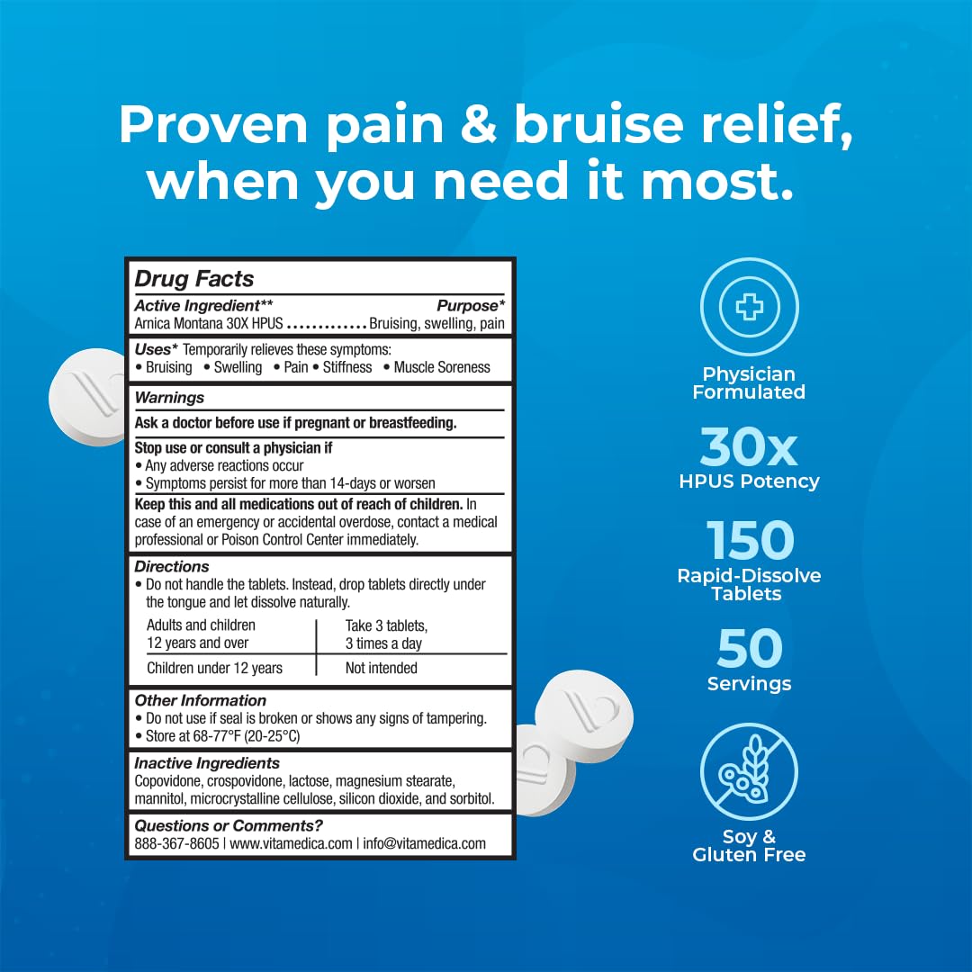 VitaMedica Arnica Montana 30X Homeopathic Tablets for Bruising Pain and Swelling | Plant Based Formula | Recommended by Plastic Surgeons | Natural Recovery Surgery Or Injury | 3 Pack | 150 Servings VitaMedica uk supplements