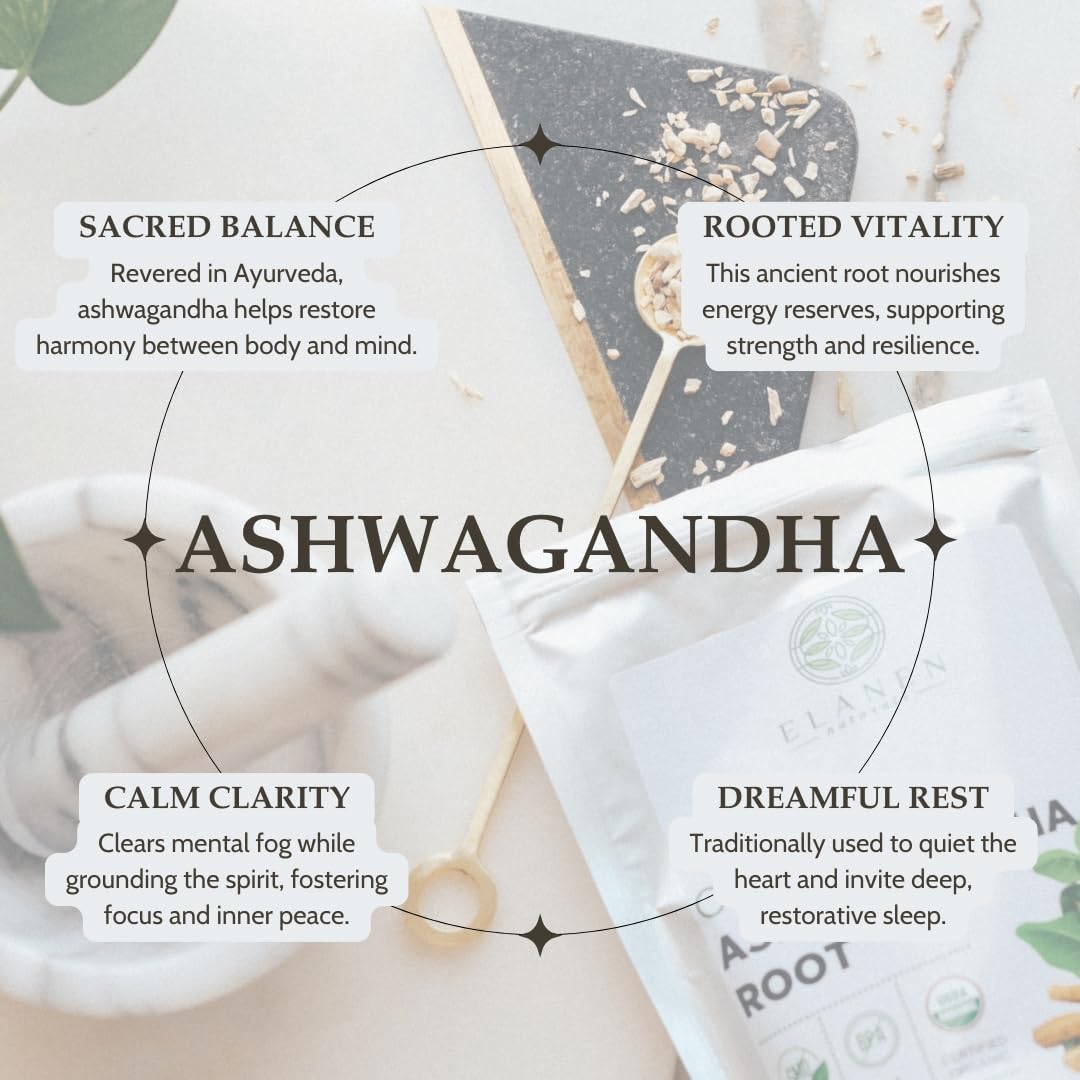 Elanen Naturals Organic Ashwagandha Root 4 oz. (113g), USDA Certified Organic Ashwagandha Root Loose Leaf Tea, Dried Withania somnifera, Cut & Sifted Elanen Naturals uk supplements
