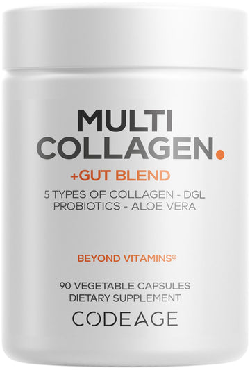 Codeage Multi Collagen + Gut Blend Supplement - Digestive Probiotics, DGL Licorice, Aloe Vera, Organic Peppermint Leaf, Slippery Elm - Hydrolyzed Bovine Collagen Pills - Non-GMO - 90 Capsules Codeage uk supplements