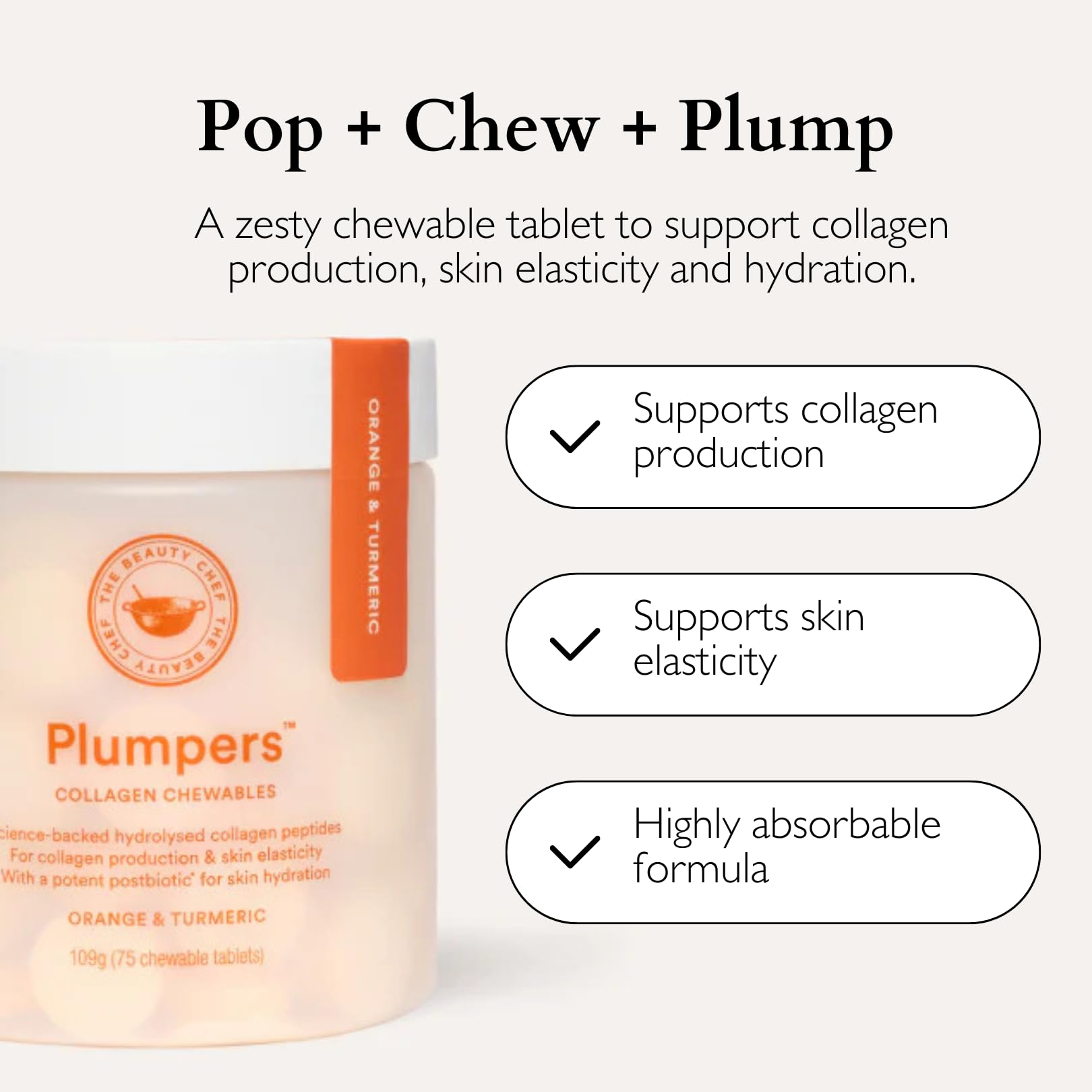 The Beauty Chef Plumpers™ Collagen Chewable Tablets with Hyaluronic Acid & Postbiotic, Supports Skin Elasticity & Collagen, Women's Multivitamin, Collagen Peptides, 75 Tablets (Orange & Turmeric) The Beauty Chef uk supplements