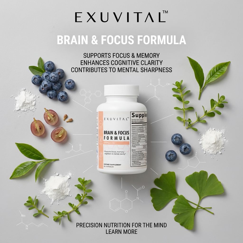 EXUVITAL Brain & Focus Formula, Veggie Capsules, 60 Count, Nootropic Supplement with Vitamins, Minerals and Proprietary Blend for Clarity, Memory, Cognition and Mental Focus EXUVITAL uk supplements