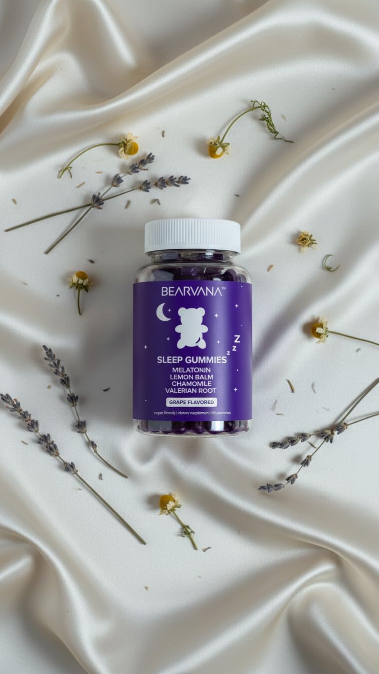 BEARVANA Sleep Gummies with Melatonin | Grape Flavored Vegan Sleep Supplement with Lemon Balm, Chamomile & Valerian Root | Night time Relaxation & Rest Support | 60 Gummies BEARVANA uk supplements