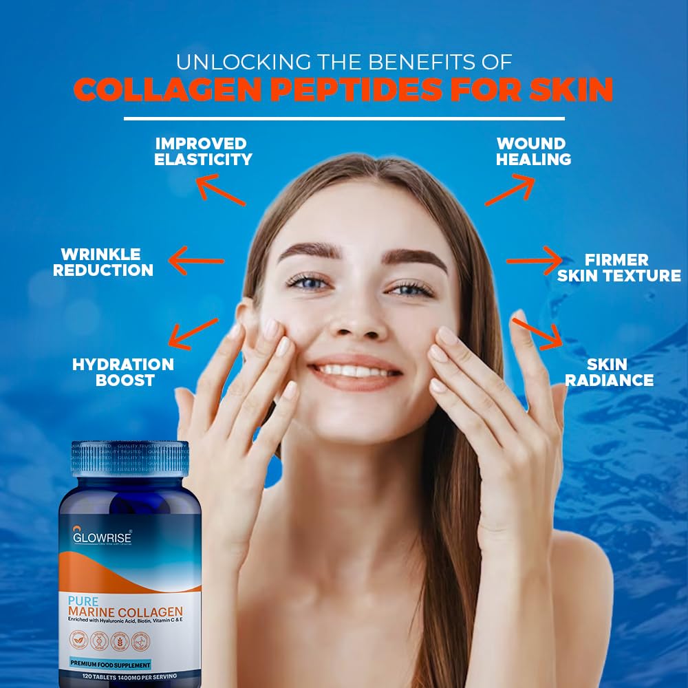 Pure Marine Collagen 120 Tablets 1400mg - Premium Blend with Hyaluronic Acid, Biotin, Vitamin C & E GLOWRISE uk supplements