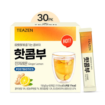 TEAZEN Lemon Ginger Hot Kombucha Tea, Live Probiotics & Postbiotics, Relaxation and Warmth for Colds and Sore Throat, Hydration Drink Mix, Sugar Free, 30 Sticks, 5.29oz TEAZEN uk supplements