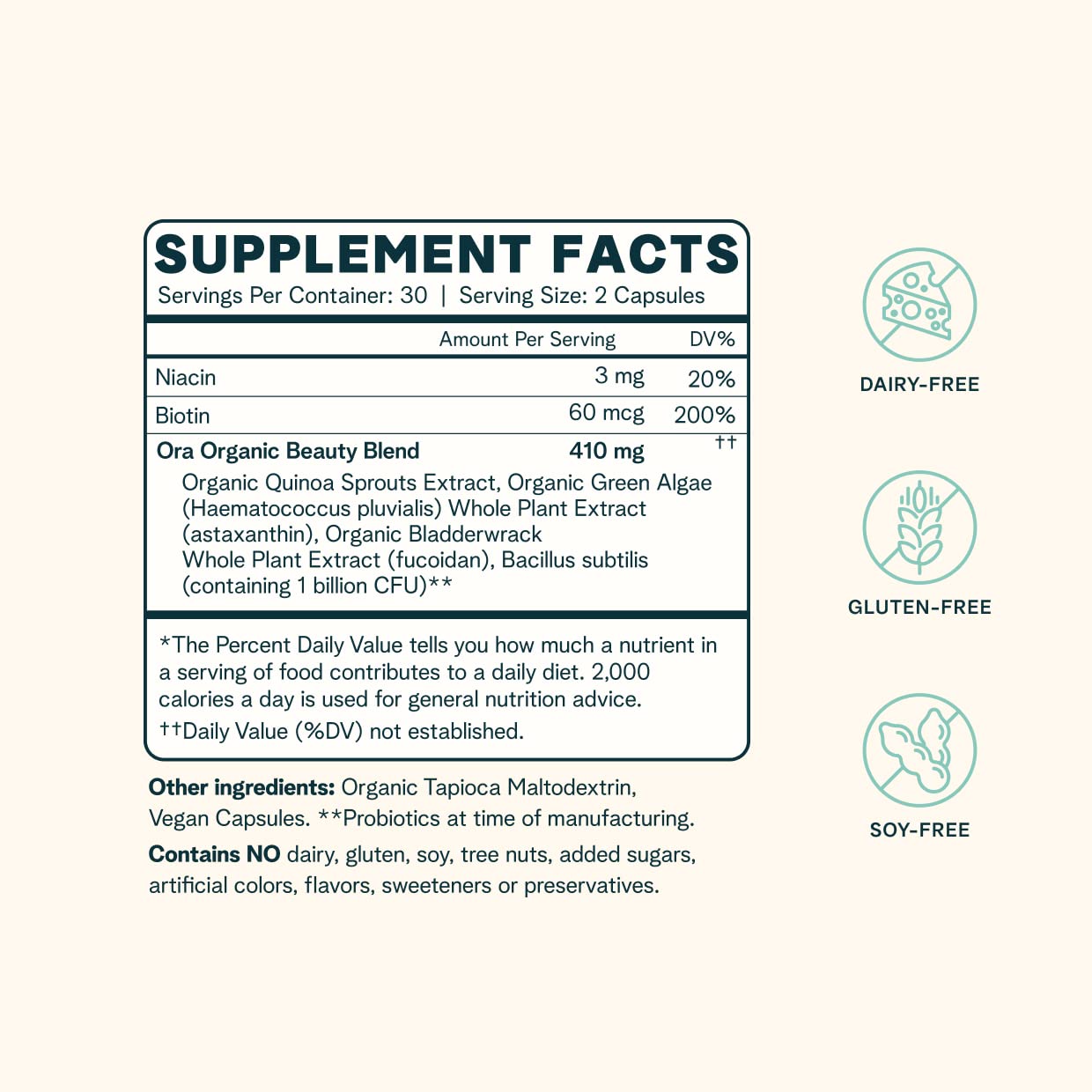 Ora Organic Hair, Skin, and Nails Support- BeYouTiful - Beauty Supplement with B Vitamins and Algae Extracts for Healthy Hair and Skin - 60 Vegan Capsules Ora Organic uk supplements
