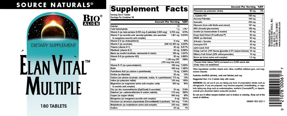 Source Naturals Elan Vital Multiple - Supports Brain, Heart, Liver, Immune, Energy Boost - 180 Tablets Source Naturals uk supplements