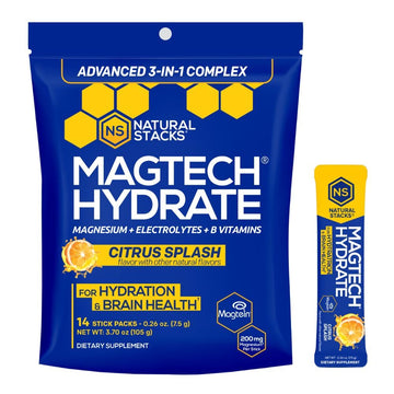 MagTech Magnesium Hydrate Packets - Sugar Free Hydration Powder - Magtein Magnesium L-Threonate, Glycinate & Taurate - 200mg Chelated Triple Complex - Supports Hydration & Brain Health* - 14 Servings NATURAL STACKS uk supplements
