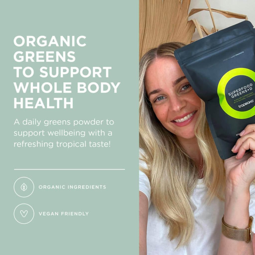 Tropeaka Superfood Greens + D - Antioxidant Green Powder for Energy, Immune System, & Gut Health, Rich in Chlorophyll & Essential Nutrients, Vitamin D, Vegan, Gluten Free, Non-GMO - 7oz (20 Servings) Tropeaka uk supplements