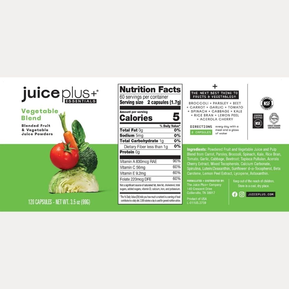 Juice Plus+ Vegetable Blend: with Broccoli, Parsley, Tomato & More - Plant-Based, Vegan, Gluten-Free, Non-GMO, Kosher - for Heart, Immune, Cognitive & Skin Health - 1 Bottle (60 Servings) Juice Plus+ uk supplements