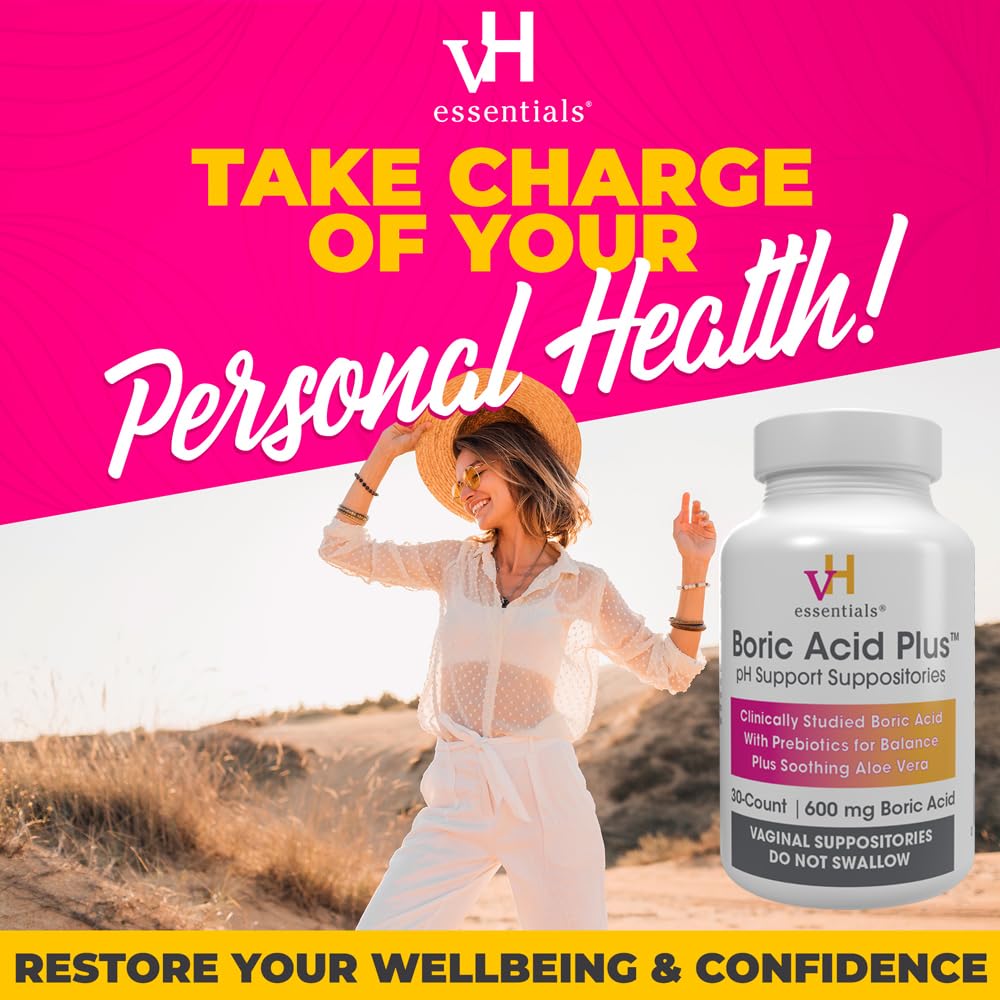 vH Essentials Boric Acid Plus Vaginal Suppositories, Prebiotic Infused with Soothing Aloe Vera, pH Support Formula Fights Odor and Promotes Freshness, 600mg Boric Acid, 30 Count vH essentials uk supplements