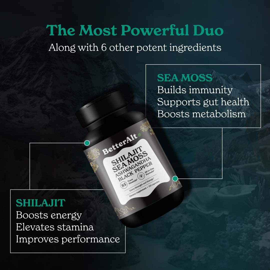 Better Alt Shilajit Sea Moss Capsules Pack of 2 with Ashwagandha & Black Pepper Extract with 85+ Essential Minerals & Antioxidants| Boosts Energy & Metabolism - 120 Servings, 240 Capsules Better Alt uk supplements