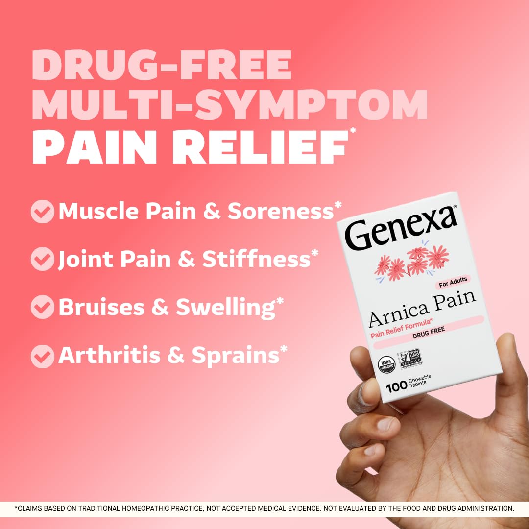 Genexa Arnica for Pain Relief | Alleviate Muscle & Joint Pain, Soreness & Stiffness | Reduces Bruises & Swelling | Organic Grape Flavor | Homeopathic Remedy Made Clean | 100 Chewable Tablets Genexa uk supplements
