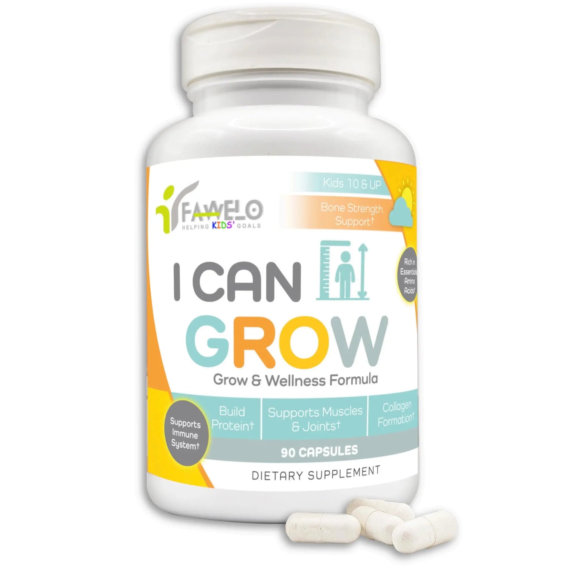 Fawelo I Can Grow Day-Time for Kids 10+ & Teens | Growth & Development Support with L-Arginine, Colostrum, Calcium, D3, Magnesium, Zinc | Fawelo uk supplements