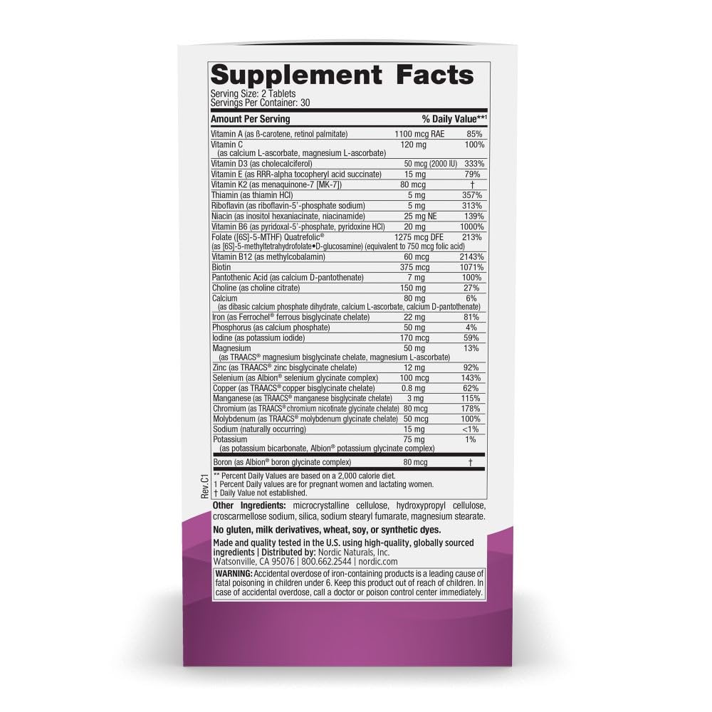 Nordic Naturals Prenatal Multivitamin for Women - Daily Vegetarian Prenatal Vitamins - 22 Essential Nutrients, Including B6, Folate, and Iron - 60 Tablets - 30 Servings Nordic Naturals uk supplements
