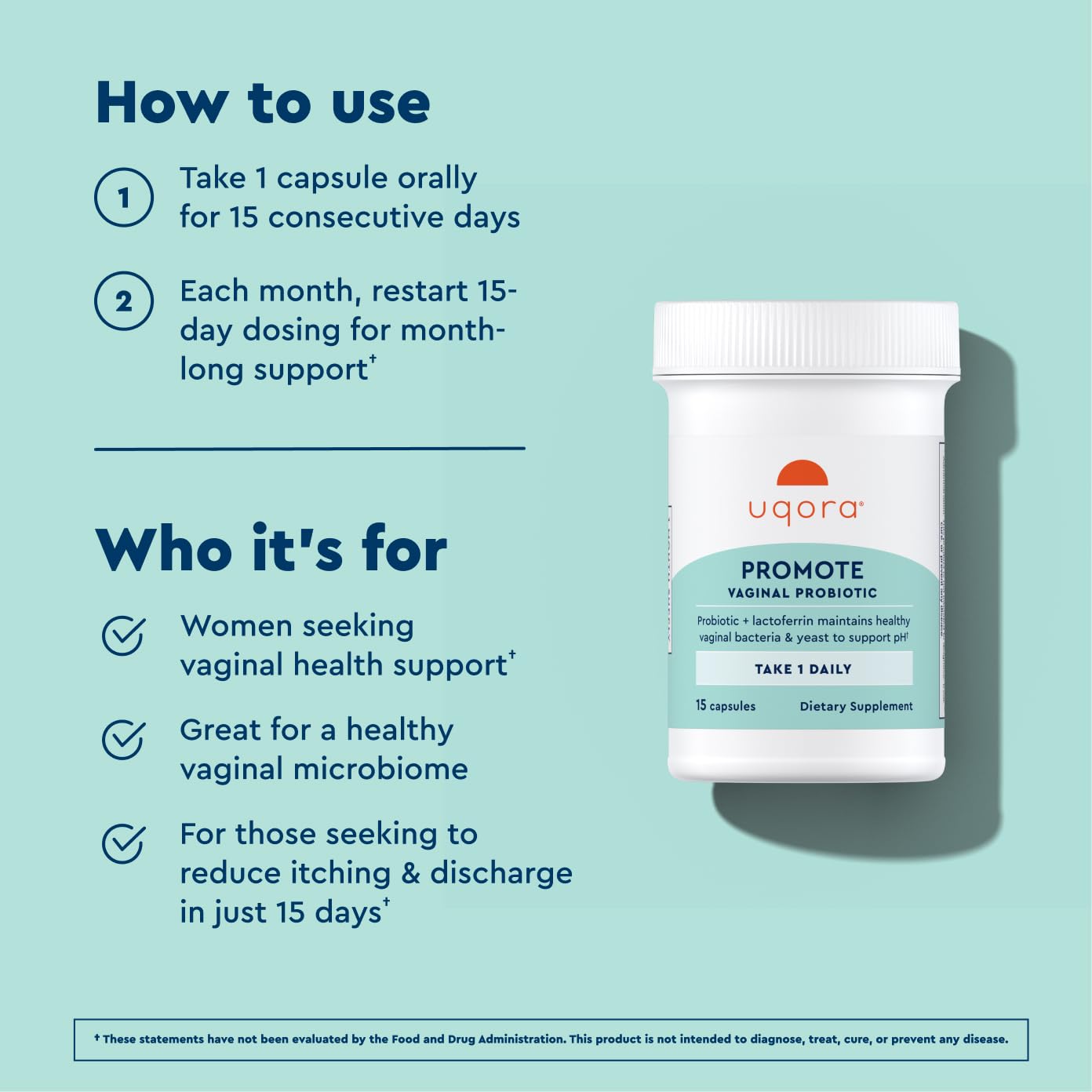 Uqora Promote - Support Vaginal Health* - Probiotic for Women with Lactoferrin, Lactobacillus Acidophilus & Lacticaseibacillus Rhamnosus - Vaginal Probiotics - Gluten-Free - 15 Capsules Uqora uk supplements