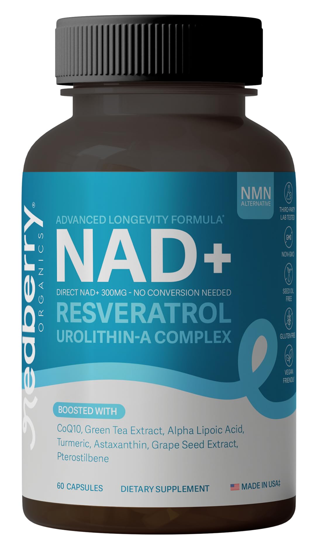 NAD Supplement with Direct NAD+ 300mg (NAD Plus) | Advanced Longevity Complex with Urolithin A & Resveratrol | NMN Alternative | 60 Capsules | Non-GMO, Gluten Free | Made in USA Redberry Organics uk supplements