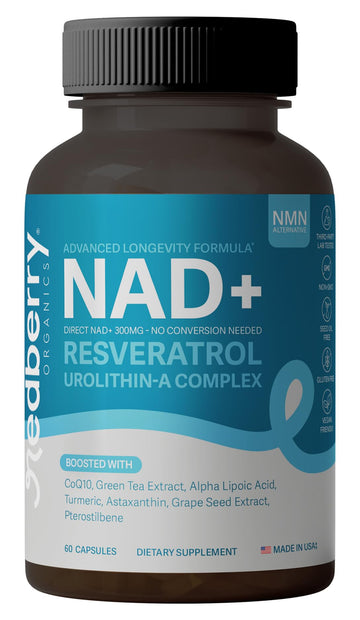NAD Supplement with Direct NAD+ 300mg (NAD Plus) | Advanced Longevity Complex with Urolithin A & Resveratrol | NMN Alternative | 60 Capsules | Non-GMO, Gluten Free | Made in USA Redberry Organics uk supplements