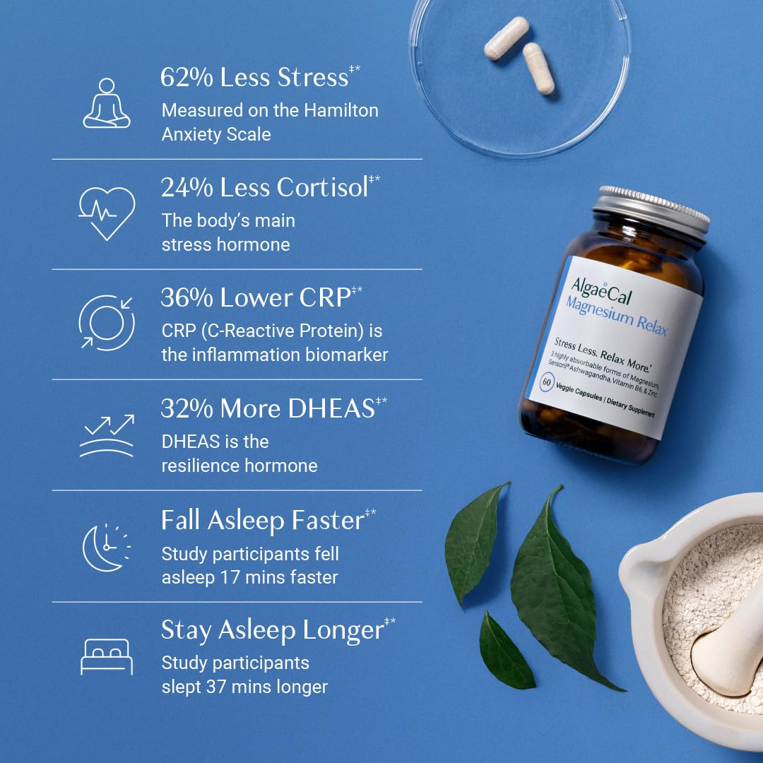 AlgaeCal Magnesium Relax™ - Chelated Magnesium with Ashwagandha for Sleep & Occasional Anxiety - Glycinate, Malate, Citrate - Sleep, Mood, & Cortisol Support (60 Caps - 1 Month Supply) ALGAECAL uk supplements
