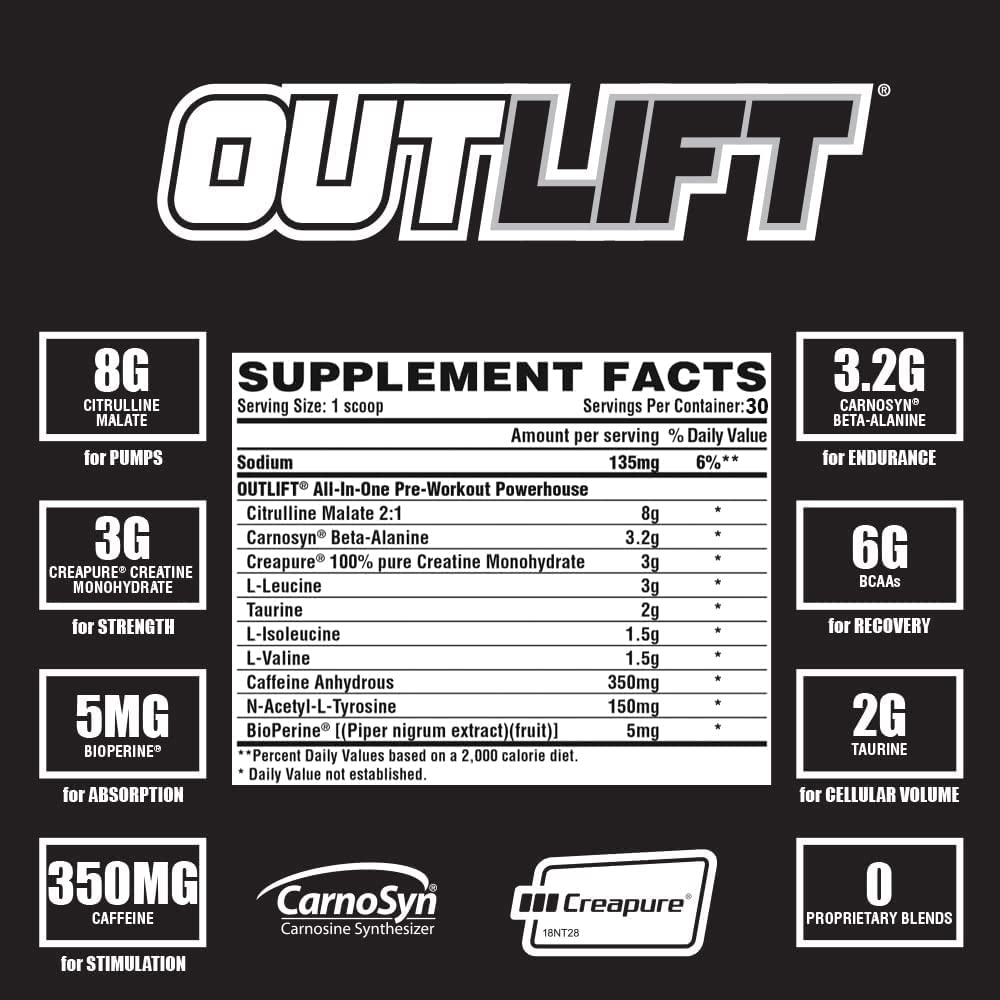 Nutrex Outlift Clinically Dosed Pre Workout Powder with Creatine, 8G Citrulline, BCAA Nutrex Research uk supplements