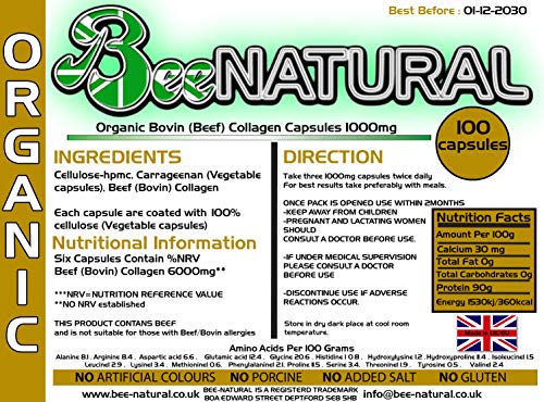 Beef Bovin 100 Hydrolyzed Collagen 1000mg Capsules Bee-natural uk supplements