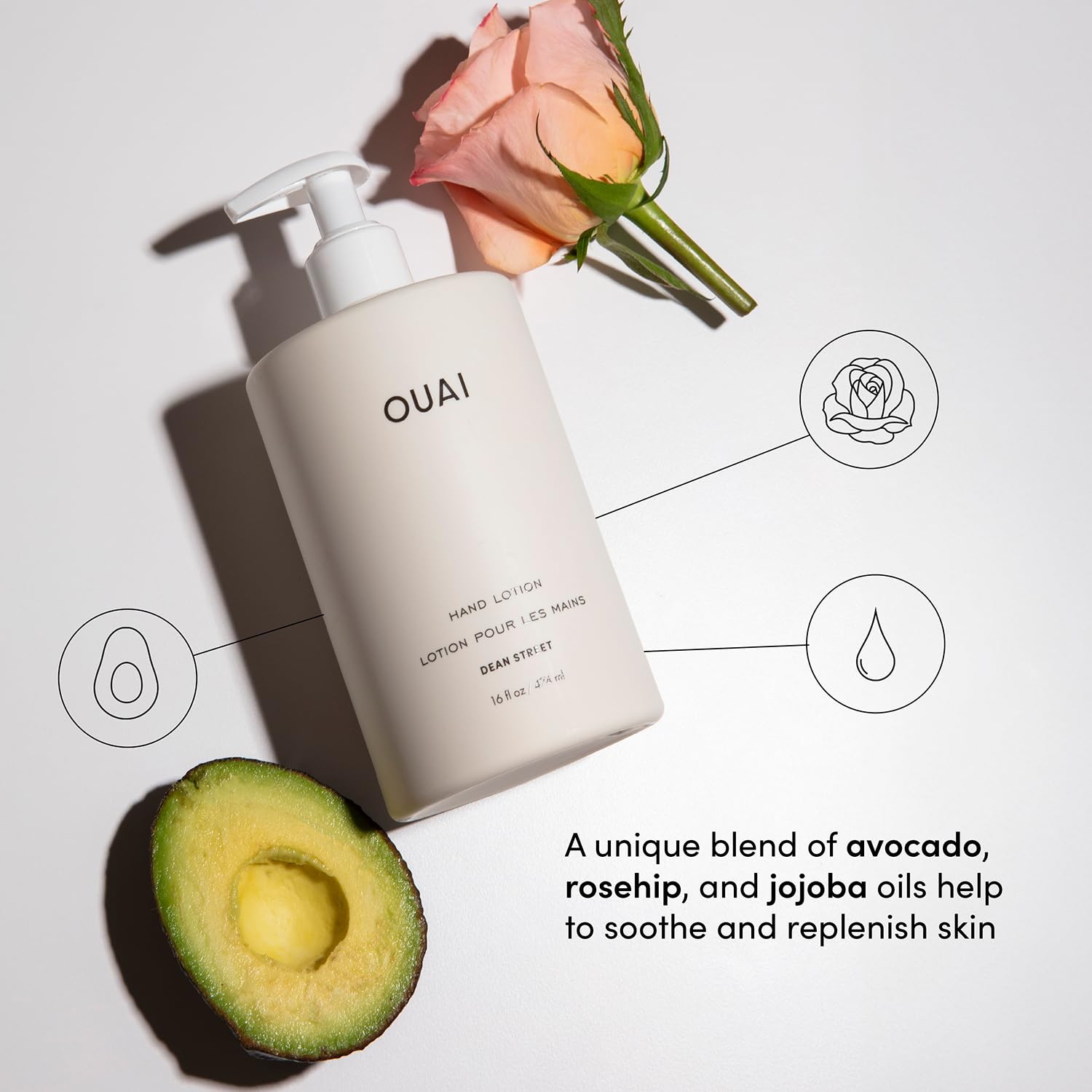OUAI Hand Lotion - Daily, Lightweight, Hydrating Lotion for Dry Skin - Made with Avocado, Rosehip and Jojoba Oil to Lock in Moisture - Never Greasy (16 Fl Oz) OUAI uk supplements