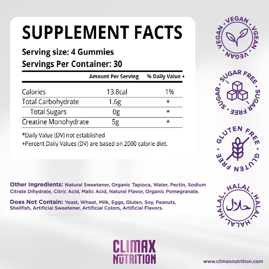 Creatine Monohydrate Gummies - Vegan, Sugar-Free, Gluten-Free - Boosts Muscle Recovery, Strength & Lean Muscle Growth - Brain Health Support - for Men & Women - Blueberry Flavor - 120 Gummies CLIMAX NUTRITION uk supplements