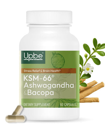 Upbe Ashwagandha Supplements for Women & Men - KSM-66® with Bacopa & Milk Thistle, 60 Vegan Capsules - Stress Relief, Mood, Cortisol Support, Extra Strength Ashwagandha Capsules Upbe uk supplements