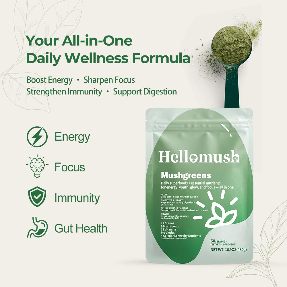 Hellomush Super Greens Powder Superfood, Daily Green Powder Supplement with Probiotics Drink Mix for Men & Women, Blend of Greens, Mushrooms, Vitamins, Probiotics and Cellular Nutrients Hellomush uk supplements