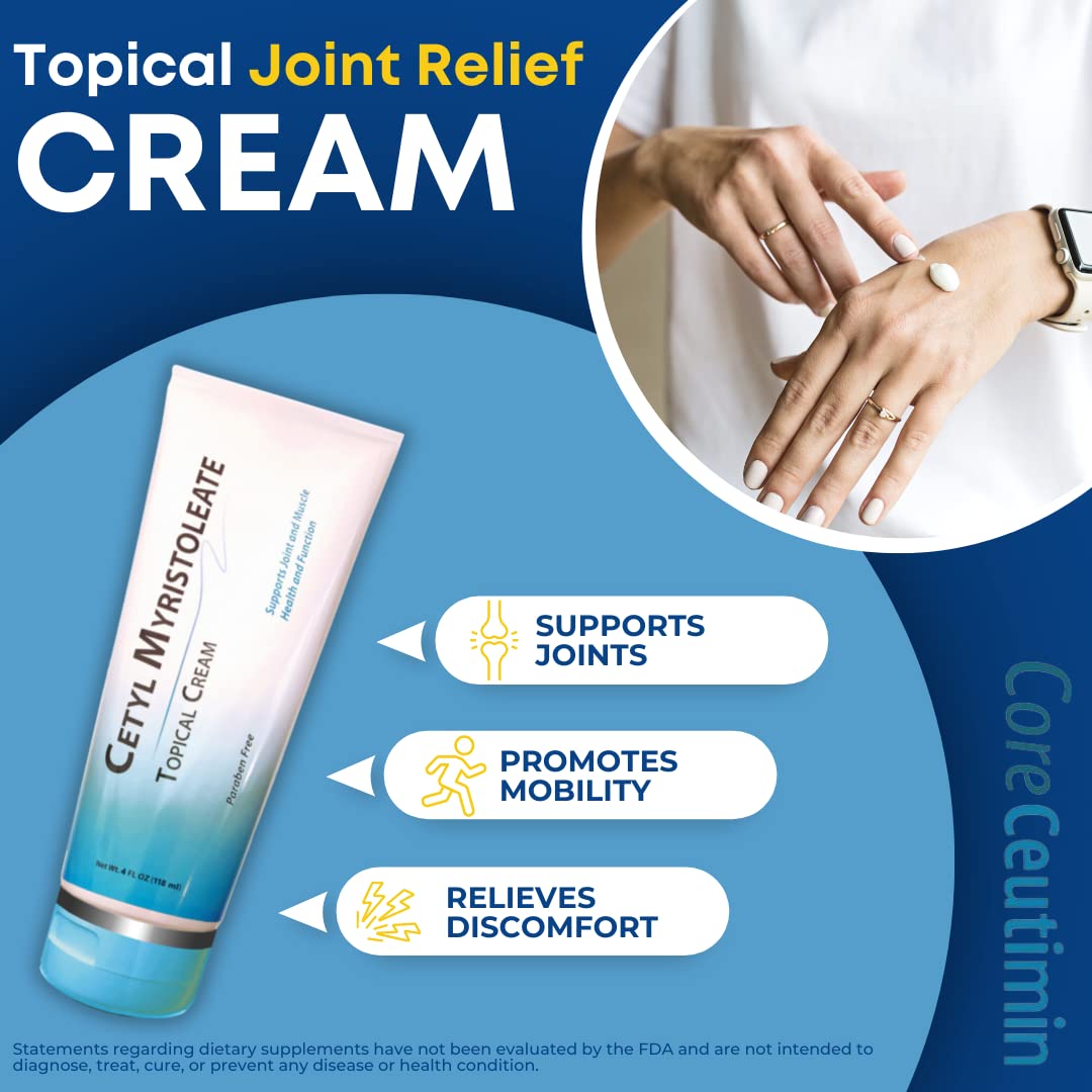 Cetyl Myristoleate Topical Cream Omega 5 Fatty Acid - Helps Reduce Joint and Muscle Discomfort - Includes Arnica, Glucosamine, Aloe,Jojoba, Sunflower & Sesame Seed Oil - 4oz. by Coreceutimin CoreCeutimin uk supplements