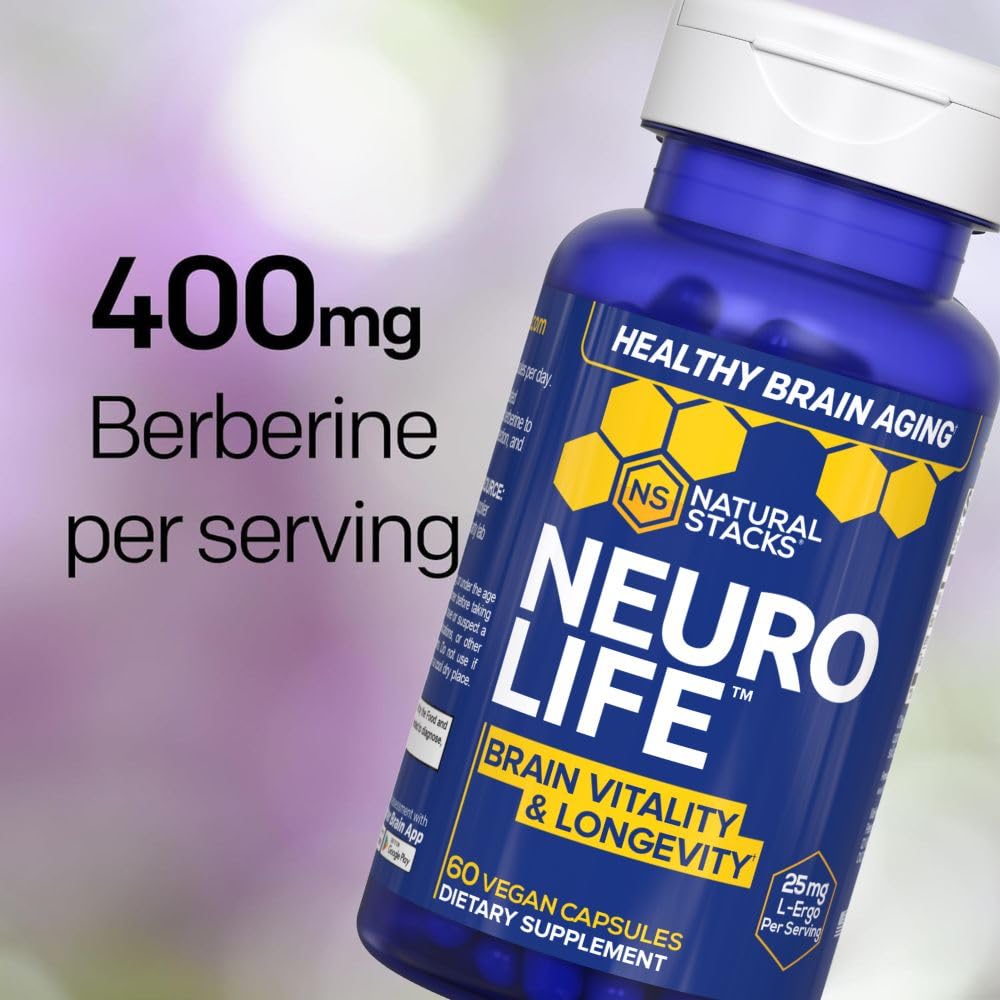 NeuroLife Longevity Supplement - 500mg Taurine & 400mg Berberine Supplement - Clinically Tested MitoPrime L-Ergothioneine - Brain Support for Cognitive Vitality - 60 Berberine Capsules NATURAL STACKS uk supplements