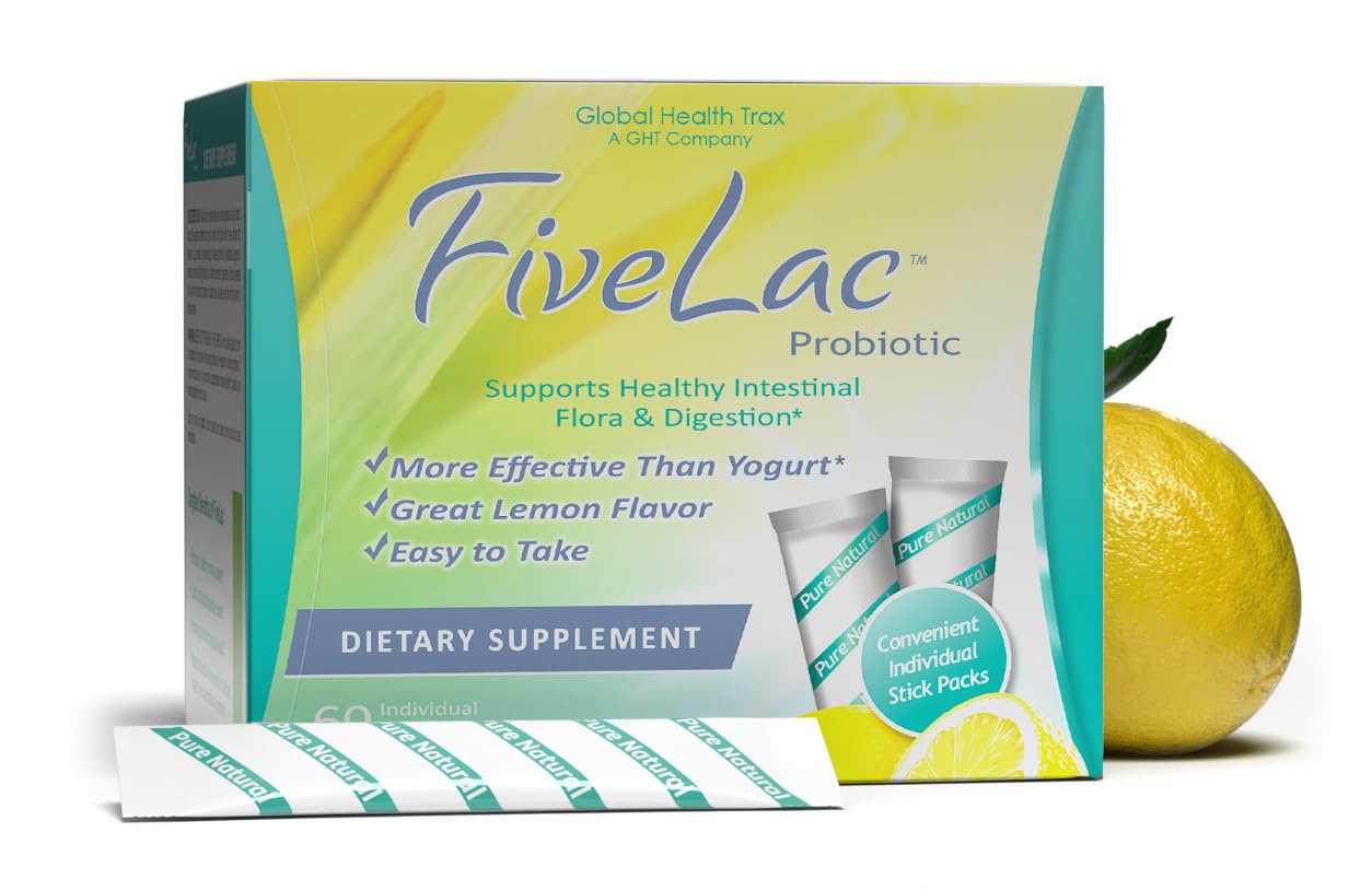 Global Health Trax GHT - FiveLac Lemon Probiotic Powder Drink Mix, Probiotics for Women, Men, Kids - Smooth Digestive Support & Elimination – Relieve Constipation & Gas - 60 Packets, 3.18 Oz, Non-GMO ght Global Health Trax uk supplements