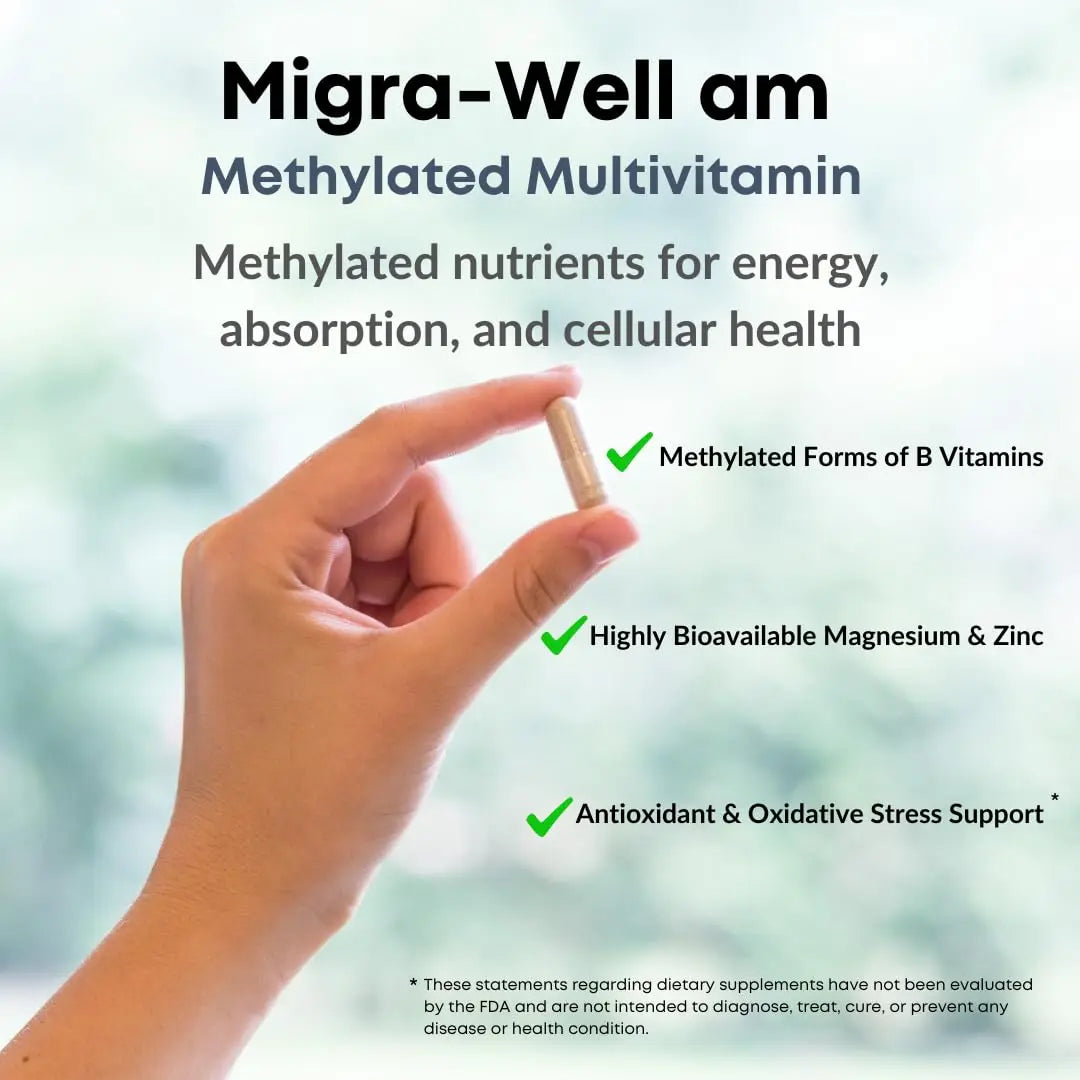 Wellkasa Migra-Well AM: Energizing Daily Methylated Multivitamin with Bioavailable Minerals & Antioxidants Supporting Brain Wellkasa uk supplements