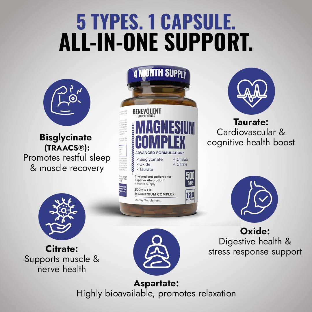 Magnesium Complex Supplement, 4 Month Supply of 500mg 5-in-1 Bisglycinate, Oxide, Taurate, Aspartate, Citrate, Max Absorption Magnesium Supplement for Calm, Sleep & Leg Cramps, 120 Capsule Benevolent Nourishment uk supplements