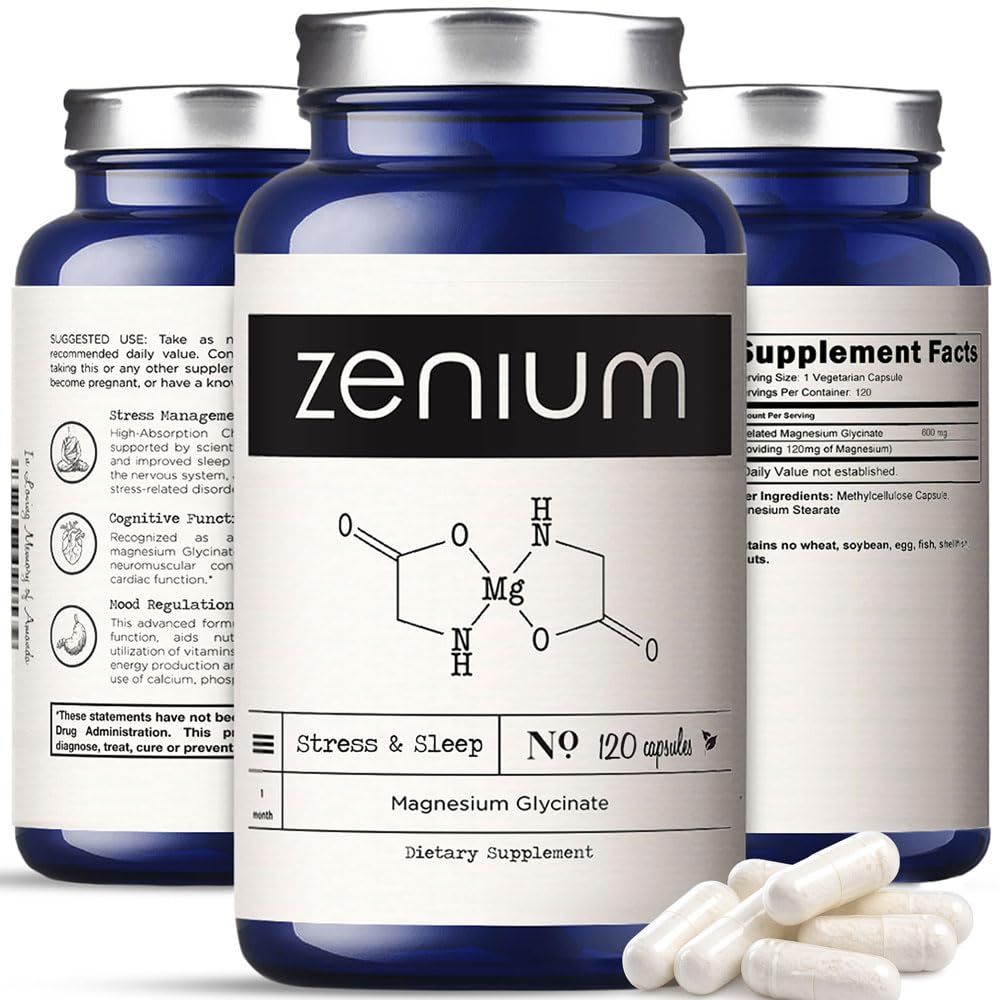 Zenium - Magnesium Glycinate for Sleep, Chelated, 600mg per Serving, 120 Capsules | High Absorption | Relieve Tension, Worry, Nervousness | Calm The Mind & Body | Ayurvedic | Natural Relief Supplement Zenium uk supplements