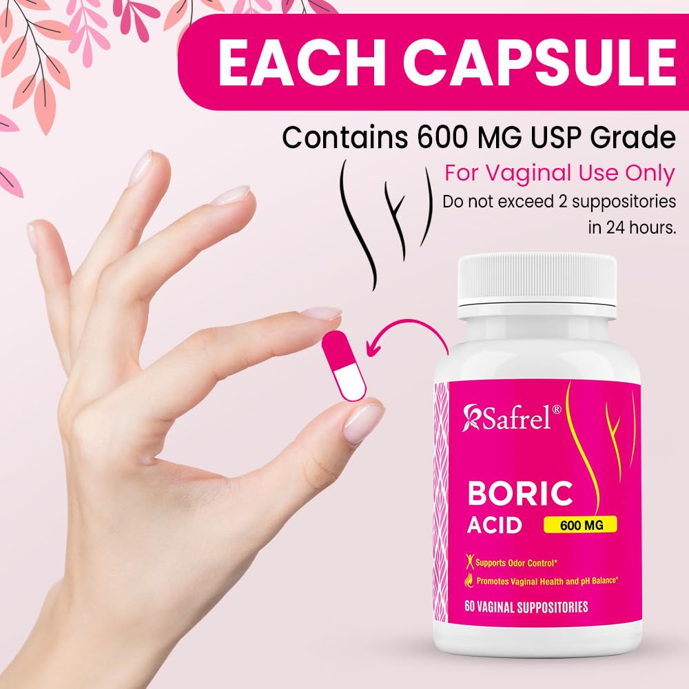 Safrel Boric Acid Vaginal Suppositories - 60 Count (1-Pack) – 100% Pure USA-Made, Supports Intimate Safrel uk supplements