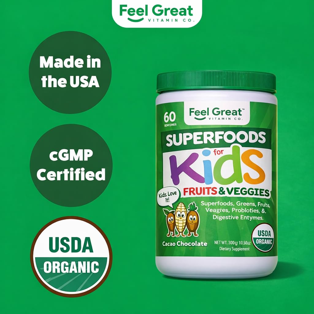 Feel Great USDA Organic Super Greens Powder for Kids - Cocao Chocolate | Fruit & Veggie Supplement | Superfood Powder with Probiotics & Digestive Enzymes for Digestive Health | 60 Days Supply The Feel Great Vitamin Company uk supplements
