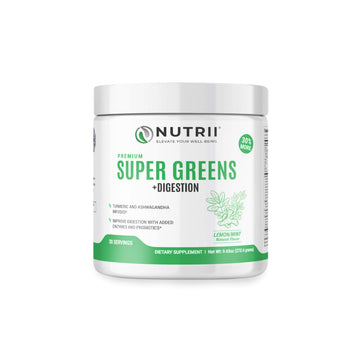 Nutrii Organic Green Immunity Superfood Powder - Soothes Digestion, Boosts Healthy Vitality and Energy. Fast Acting Formula with Probiotics, Enzymes, Turmeric and Ashwagandha (30 Servings Lemon-Mint) Nutrii uk supplements