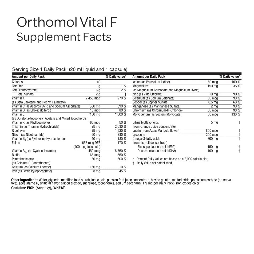 Orthomol Vital F Vial, Women's Multivitamin, 7-Day Supply, Vitamins A, B, C, D, E, K, Calcium, Iodine, Omega-3 Orthomol uk supplements