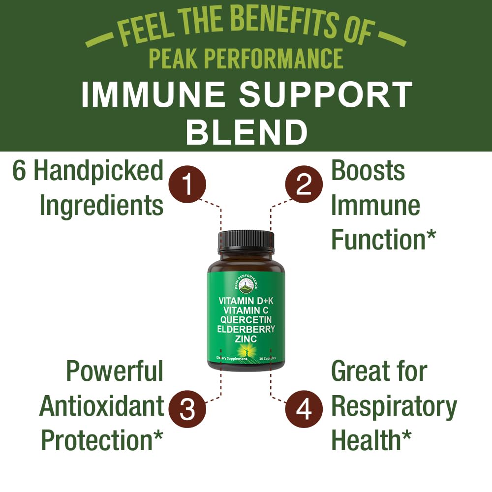 Immune Support Supplement with 6 Top Ingredients. Vitamin D3 K2 + Vitamin C + Elderberry + Zinc + Quercetin. Includes 5000 IU Vitamin D. Immunity Capsules. Supplements for Women and Men Peak Performance uk supplements