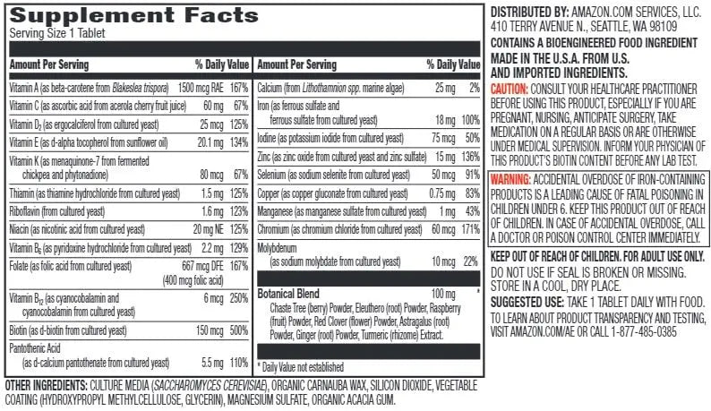 Amazon Elements Women’s One Daily Multivitamin, 59% Whole Food Cultured, Vegan, 65 Tablets, 2 month supply Amazon Elements uk supplements
