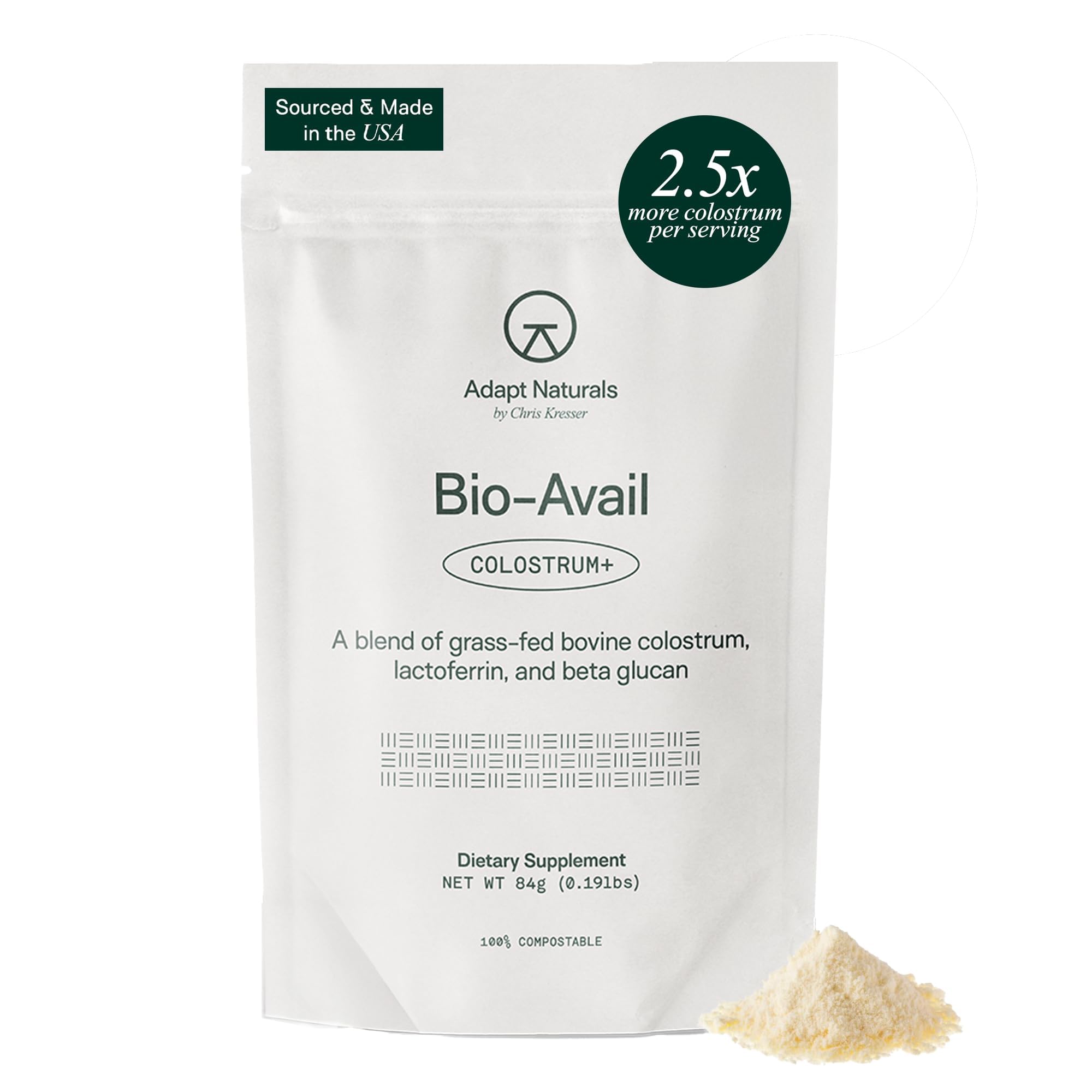 Adapt Naturals Colostrum Supplement with Lactoferrin & Beta-Glucan, Bio-Avail Grass Fed Bovine Colostrum Powder for Gut Health, Immune Support & Vitality | Non-GMO, 2500mg, Unflavored - 30 Days Supply ADAPT NATURALS BY CHRIS KRESSER uk supplements