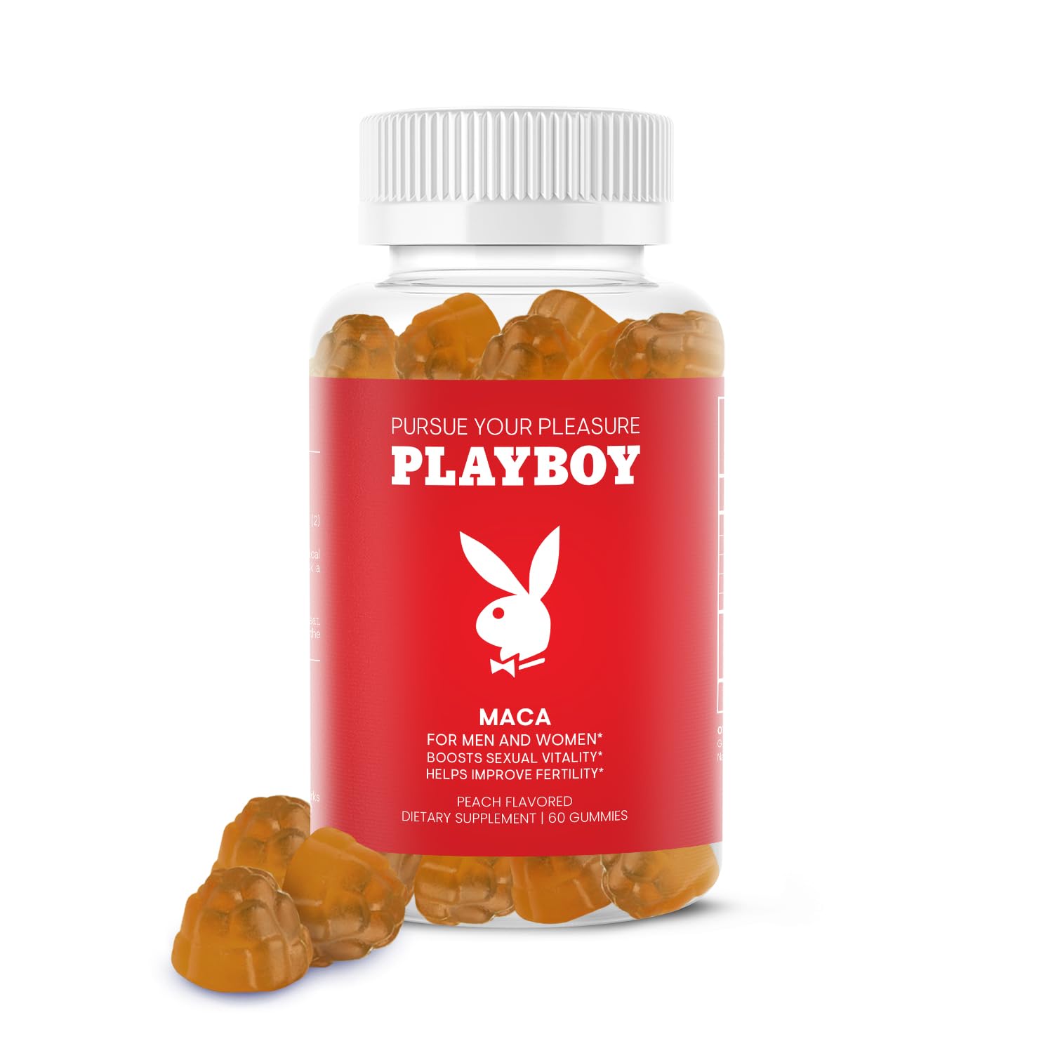 Playboy - Maca Root Gummies for Women and Men (60 Count - Peach Flavored) - Boost Sexual Vitality, Libido, Fertility - Supplement - 100% Natural, Vegan Non GMO - 4:1 Extract Maca Peruana Avid uk supplements