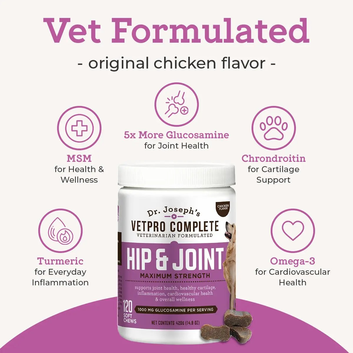 Dr. Joseph's VetPro Complete Dog Hip & Joint Supplement for Arthritis Pain Relief – High-Strength Glucosamine & Chondroitin Chews for Senior Dogs – Vet Formulated Daily Treats, Chicken Flavor, 120 Ct VetPro Complete uk supplements