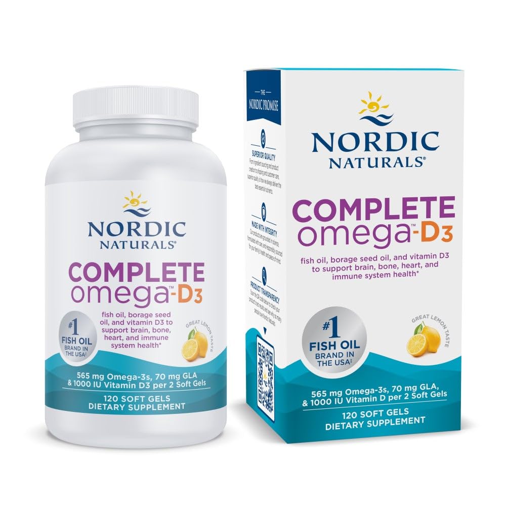 Nordic Naturals Complete Omega-D3, Lemon Flavor - 120 Soft Gels - 565 mg Omega-3 + 70 mg GLA + 1000 IU Vitamin D3 - EPA & DHA - Healthy Skin, Cognition, Positive Mood - Non-GMO - 60 Servings Nordic Naturals uk supplements
