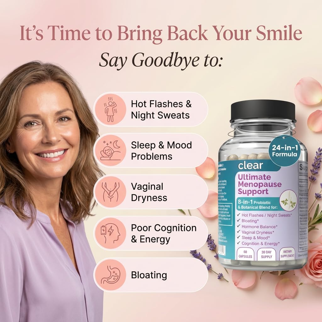 Clear Menopause Support for Women | 25-in-1 Formula with Black Cohosh, Dong Quai, Pre & Probiotics | Hot Flashes, Night Sweats, Mood, Sleep & Digestion | Hormone-Free | Made in USA | 60 Capsules Clear Probiotics uk supplements