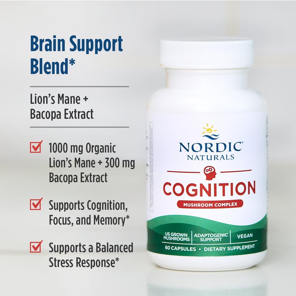 Nordic Naturals Cognition Mushroom Complex, Unflavored - 60 Capsules - Brain, Memory & Mood Support - Blend of Lion’s Mane Mushroom & Bacopa Extract - Non-GMO - Certified Vegan - 30 Servings Nordic Naturals uk supplements